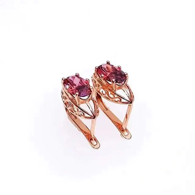 

585 Purple Gold Plated 14K Rose Gold Geometric Design Inlaid Ruby Earrings for Women Unique Charm Engagement Dinner Jewelry