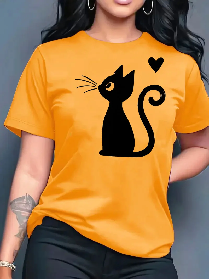 تي شيرت نسائي جديد لصيف 2026 بياقة مستديرة وتصميم عصري فضفاض مع طباعة قطط وأكمام قصيرة