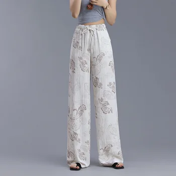 Airy Linen Oversized Fit Pants Women Breathable Casual Print High Waisted Elastic Band Waist For Summer Thin Trousers Loose