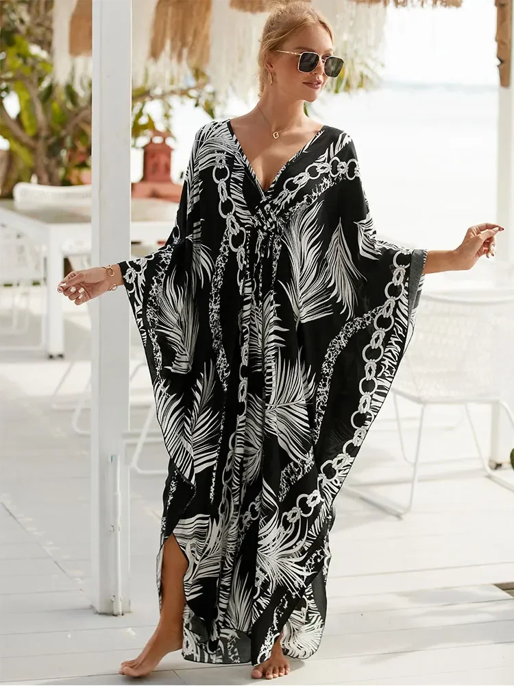 

2024 Boho Print V-neck Batwing Sleeve Side Split Beach Maxi Dress Sexy Beachwear Bikini Cover Up Women Summer Loose Kaftan Q1297