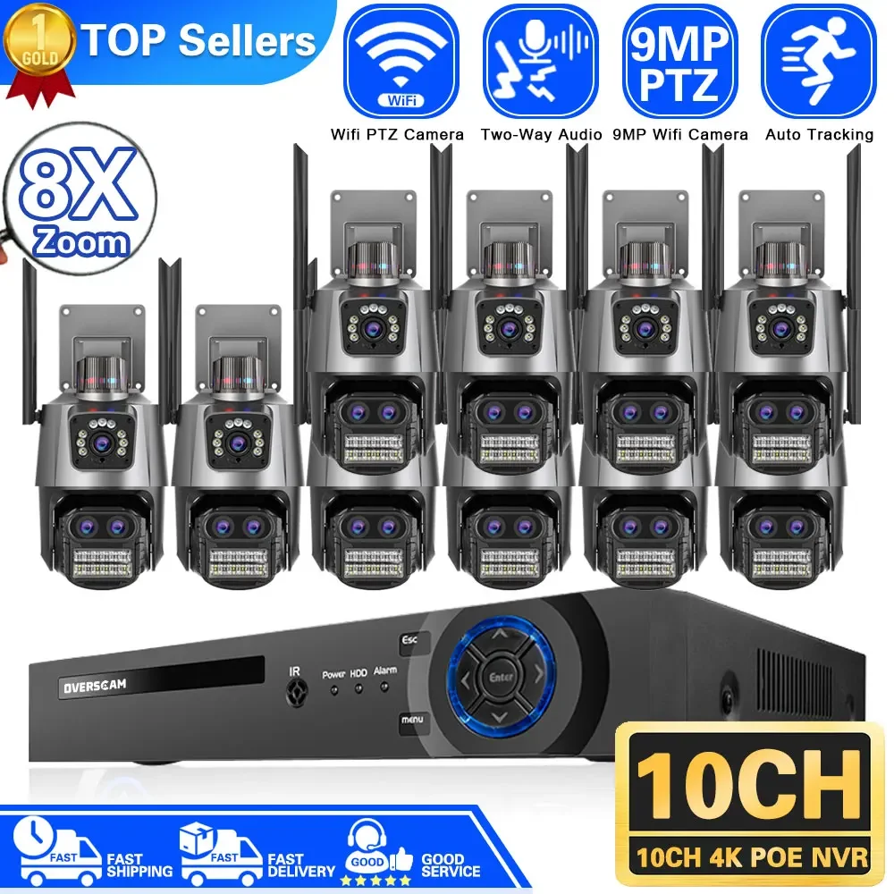 

9MP 5K Wifi IP Camera 8X Digital Zoom Outdoor Three-Lens Dual-Screens Auto Tracking 10CH 4K NVR PTZ Control Camera System ICsee