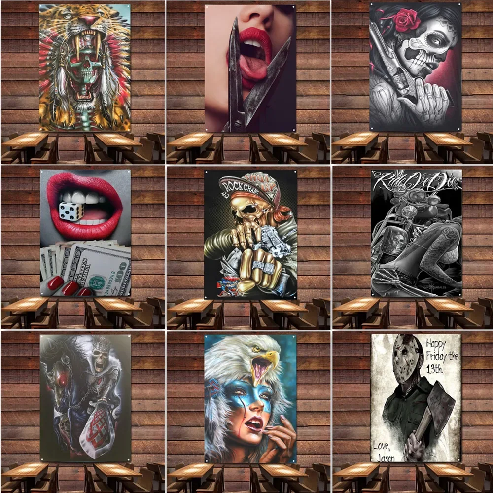 

Scary Tattoo Art Poster Wall Chart Vintage Wall Decor Banner Tapestry Red Lips Dollar Gold Skull Art Flag with 4 Grommets Custom