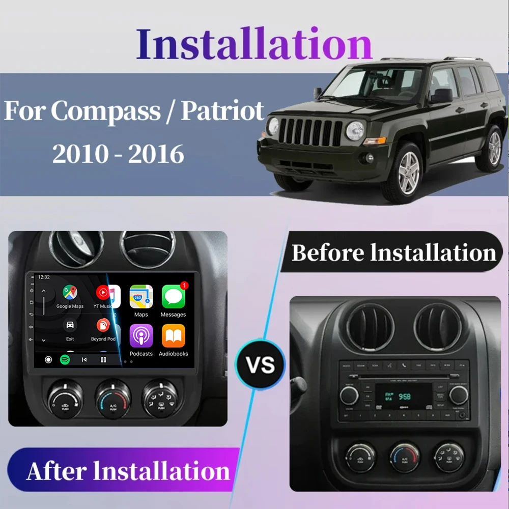 Radio de coche con reproductor de video Android 16 para Jeep Compass Patriot 2010 - 2016 Autoradio estéreo 2 Din GPS Navegación Carplay DSP WIFI+4G 2