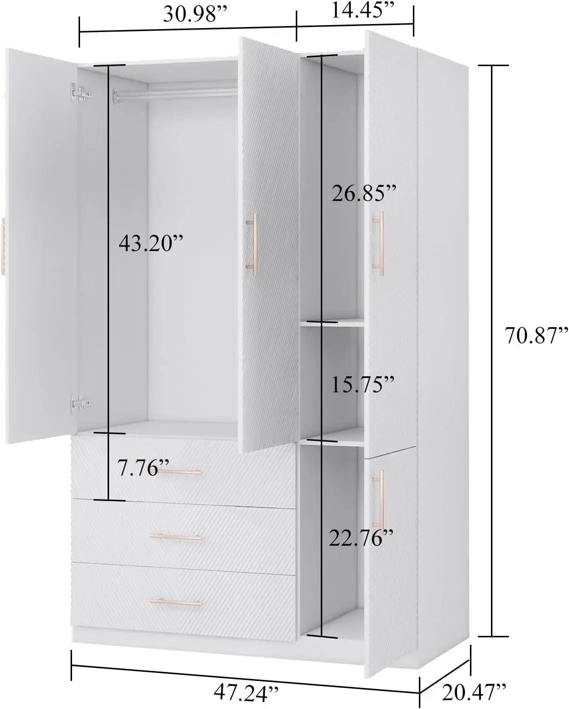 Tall Armoire Wardrobe Closet: 3 Door 3 Drawers White Bedroom Armoires Wood Wardrobe Cabinet Freestanding Large Closet w
