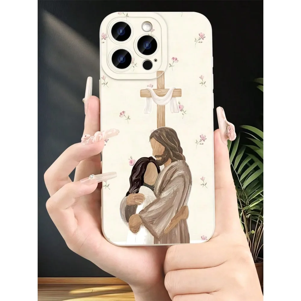 Christian Jesus Hug Pattern TPU iPhone X/XS/11/12/13/14/15/16/17 & S22/S23/S24/S25 Religious Floral P