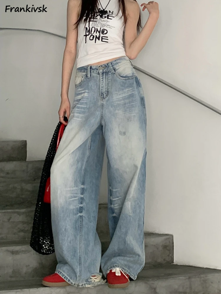 

Jeans Women Gradient Color Washed Distressed Blue Denim High Street American Vintage Wide-leg Trousers Summer Casual Mopping New