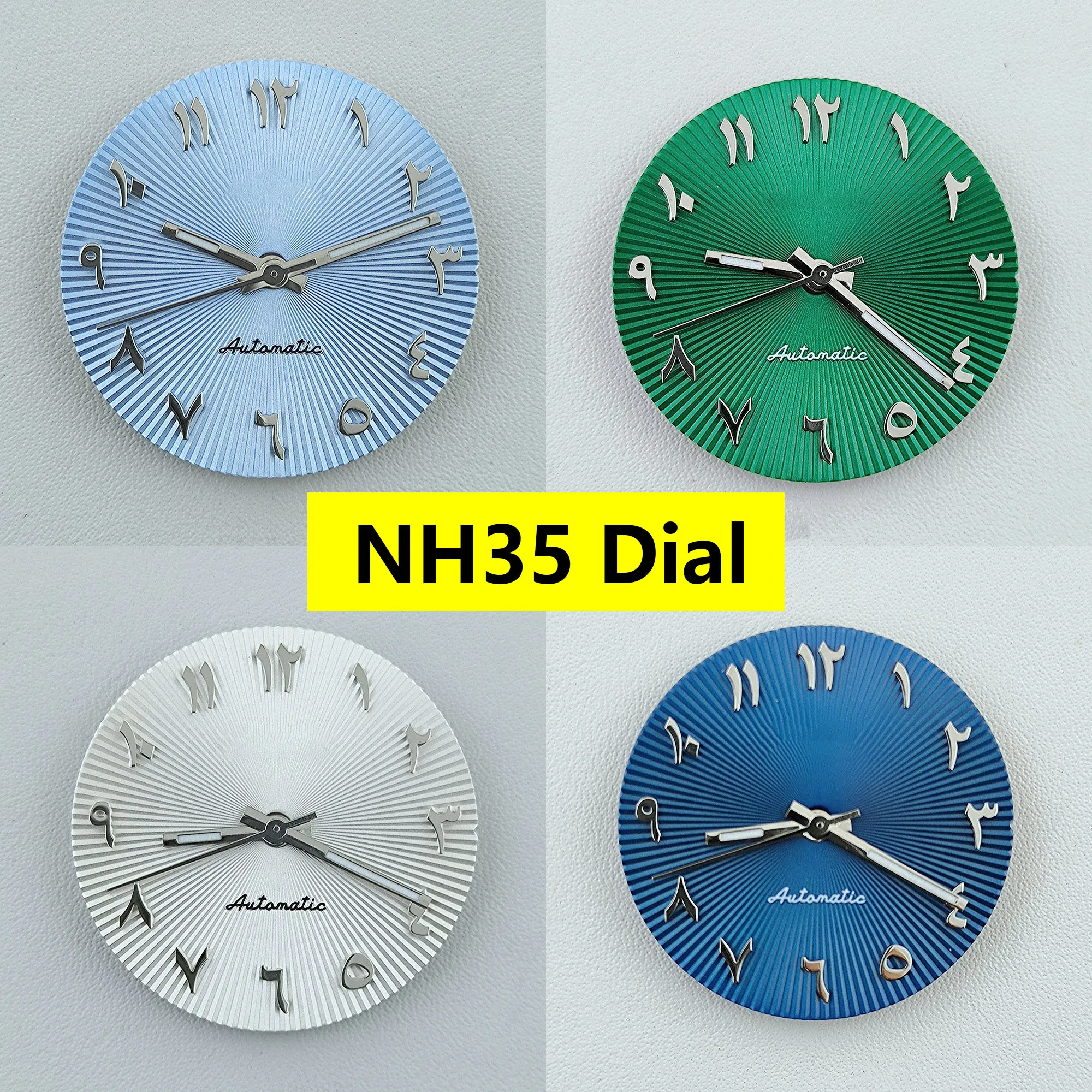 NH35 다이얼 NH36 다이얼, 28.5mm 아랍 다이얼, 야광 없는 주름진 다이얼, 실버 스테인리스 스틸 볼록 아랍 다이얼, 시계 액세서리