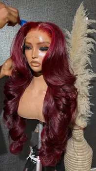 99J Red Burgundy Color Loose Wave 13X4 Lace Frontal Synthetic Wig For Women Natural Hairline Baby Hair Preplucked Bleach Knots 1