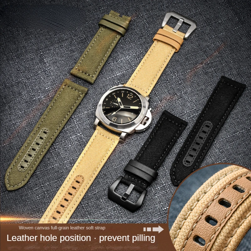 

Nylon Canvas Leather Strap for Panerai Pam00441 359 386 Series Semen Sterculiae Lychnophorae Men's Watchband Accessories 24mm