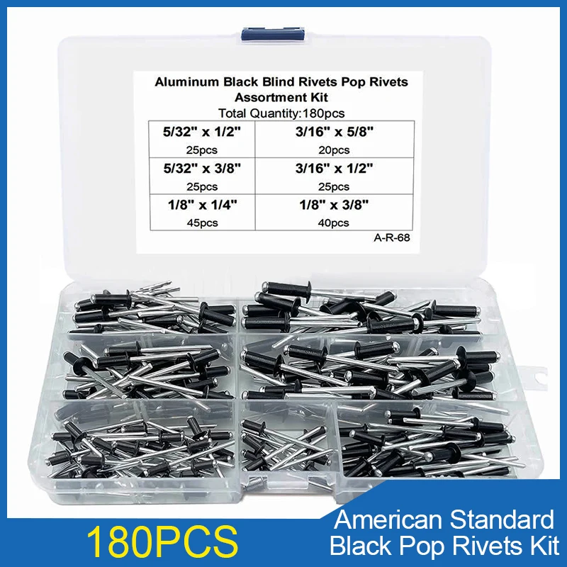 Alumínio Preto Cego Rebites Pop Kit Padrão Americano 32 16 Puxar Prego Aberto Plana Redonda Cabeça Cego Rebite Caixa 180 Peças de