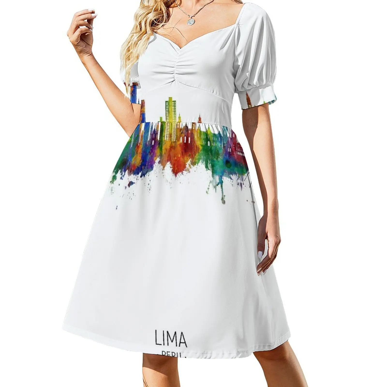 thumbnail image 1 of Vestido de manga corta con silueta de horizonte de Lima Perú vestidos de verano para mujer Vestidos de verano para mujer, 1 of 8