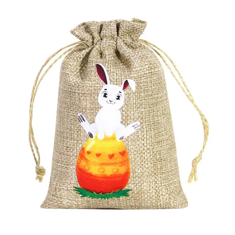 Easter Rabbit Linen Jute Bag 12 Pieces Goody Bag With Drawstring Bunny Burlap Bag Burlap Sack Linen Egg Candy Bag For Party