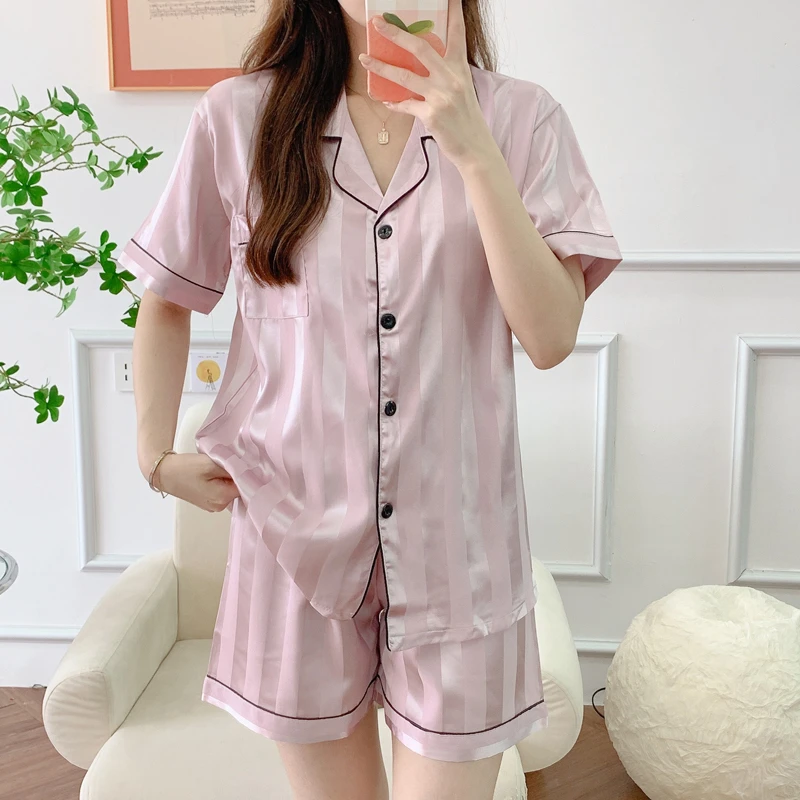 Ice silk pajamas women's suit 2024 new summer thin cardigan small lapel short sleeve silk ins vertical stripe home clothes