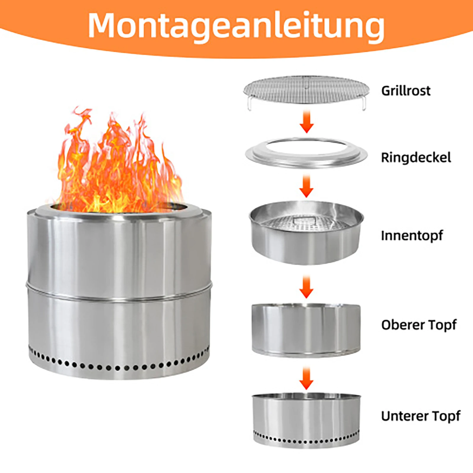 Tragbare Edelstahl-Feuerstelle mit Aschenbecher, Outdoor-Holzofen, BBQ-Grill, Feuerstelle für Camping & Garten, Silber – Detail 8
