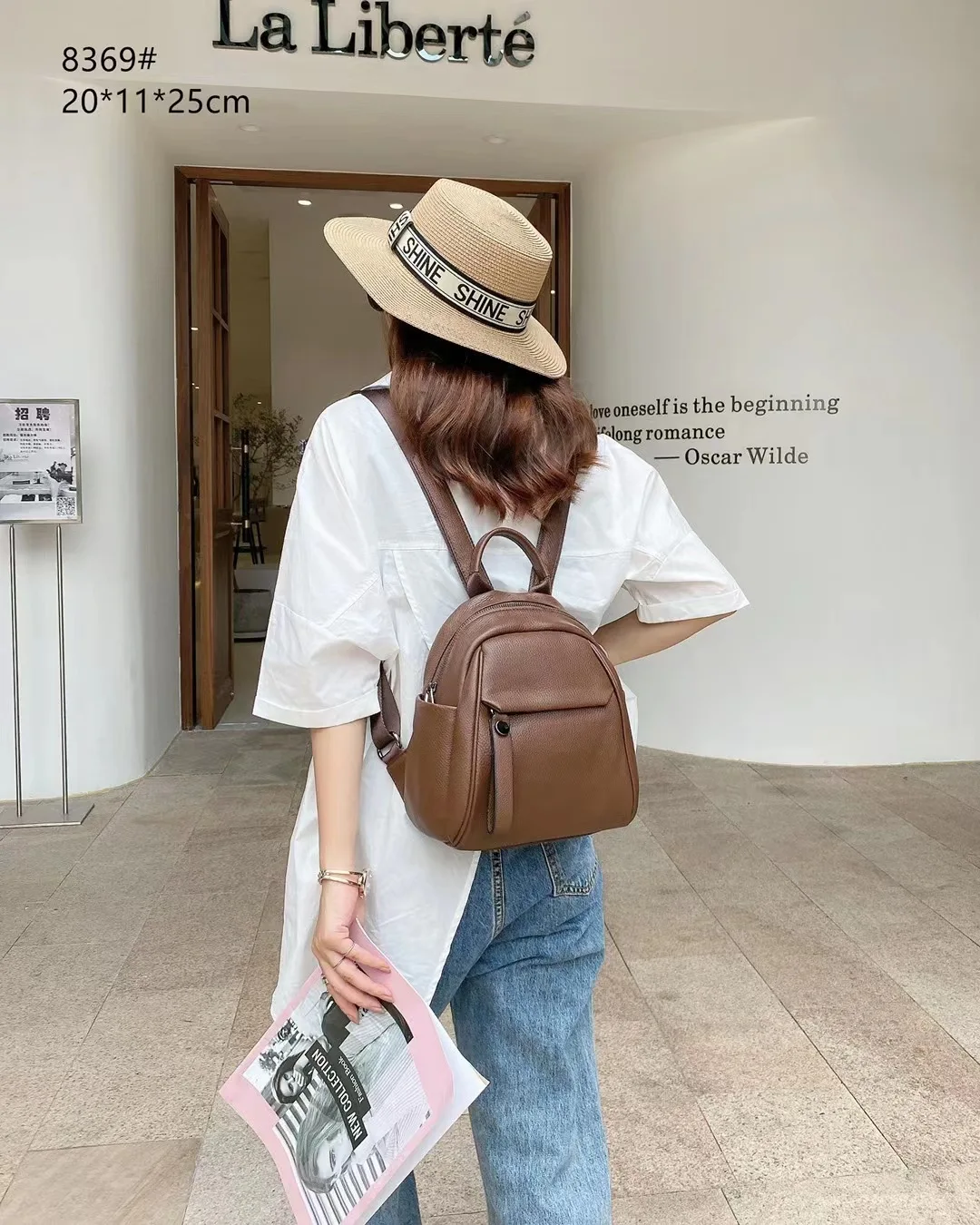New women's top layer cowhide classic Backpack Large capacity lychee print Genuine leather Knapsack