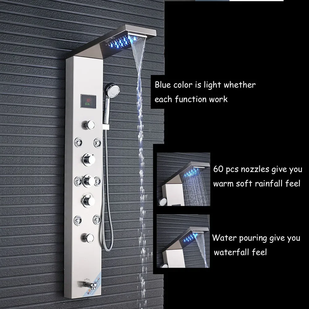 

Golden Bathroom Shower Faucet LED Shower Panel Column Bathtub Mixer Tap With Hand Shower Temperature Screen