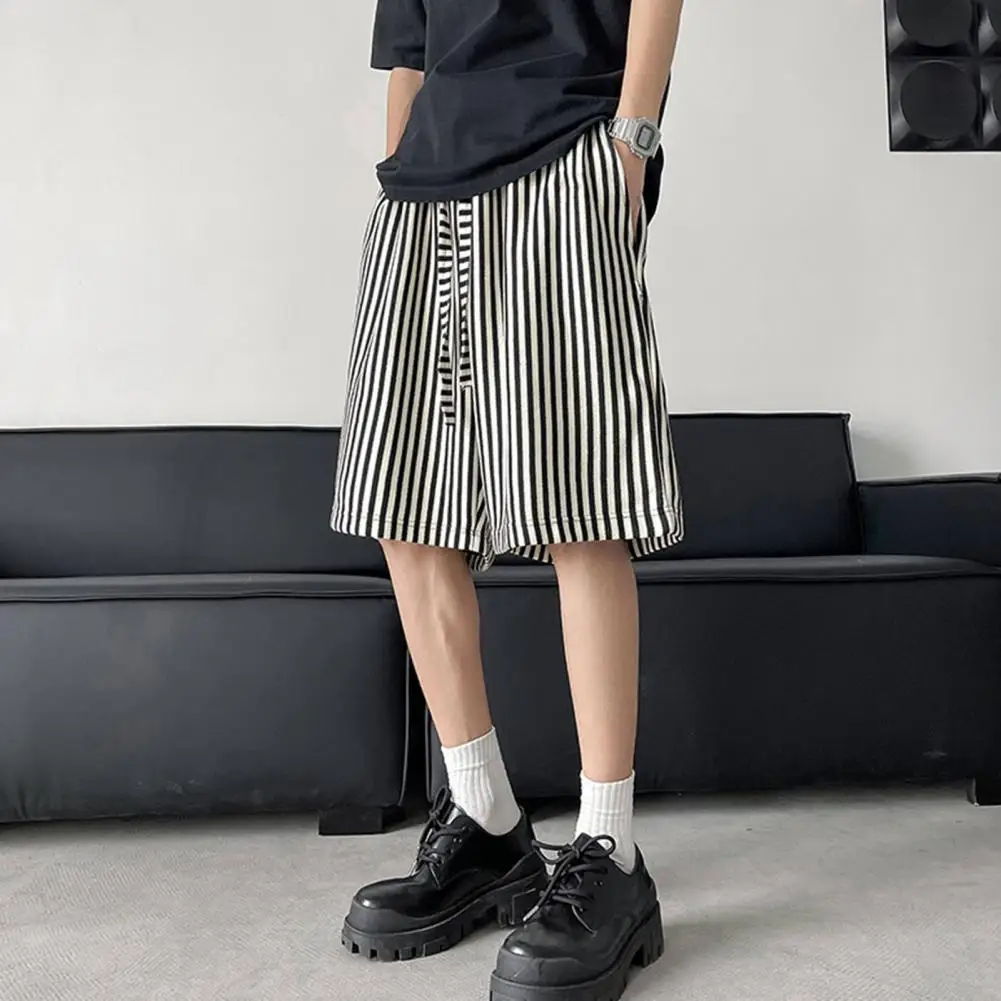 Men's Summer Shorts Elastic Waist Adjustable Drawstring Casual Shorts With Pockets Vertical Stripe Print Casual