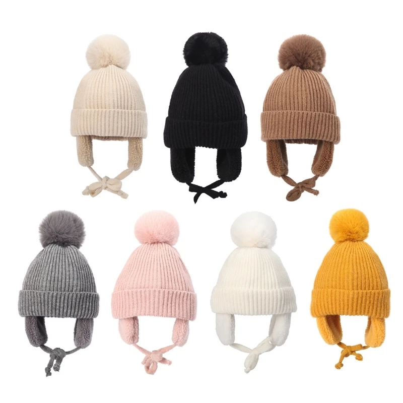 

Warm Winter Baby Knitted Hat with Earflaps Soft Beanie Cap Stylish Solid Color Baby Plush Ear Hat for Boys & Girls Gift