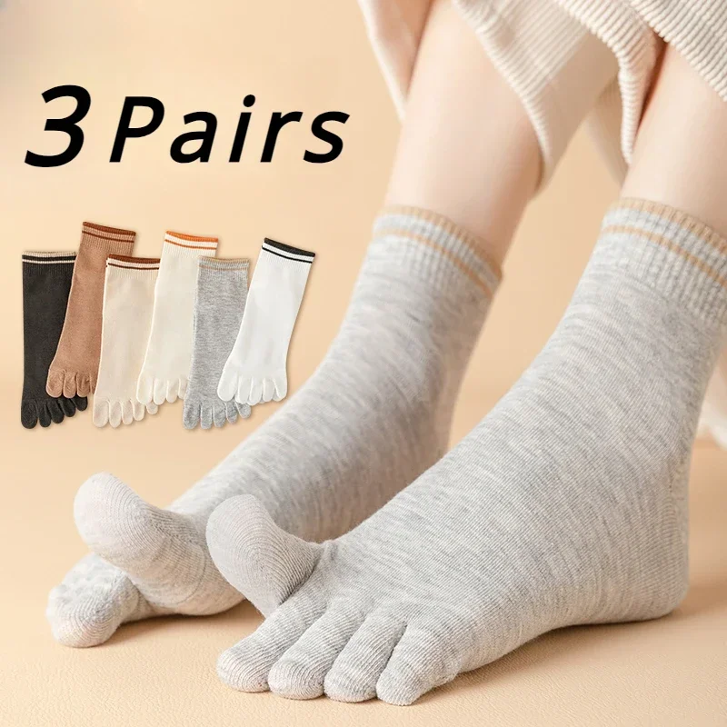 Cotton Mid Calf Socks Womens Socks Womens Mid Calf Socks 3 Pairs Five Finger Socks Women Yoga Pilates Cotton Socks with Separate Fingers Calf Crew Midi Tube Spring Autumn