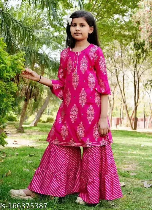 

Baby Girls Stylish Eid Pink Kurta Palazzo Comfortable Top Palazzos Bottom Dress