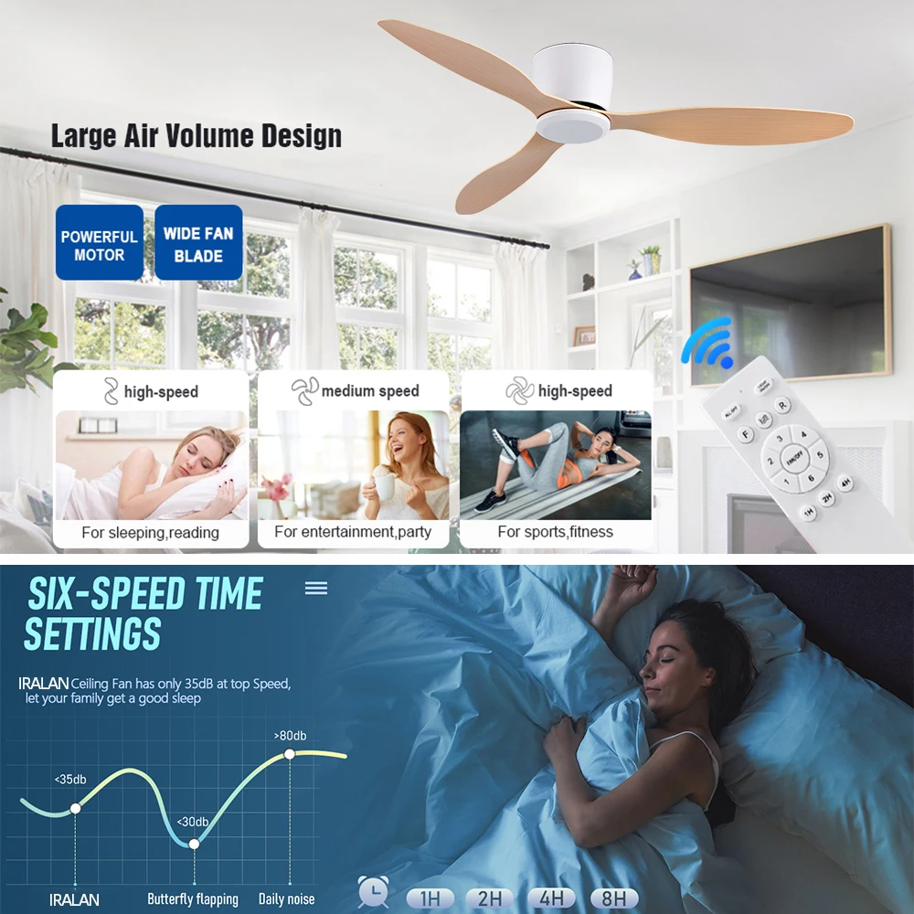 IRALAN 42inch/52inch Ceiling Fan without Light,6-Speed Reversible,Timer,Outdoor Bedroom Living Room-White/Black/Wood 2