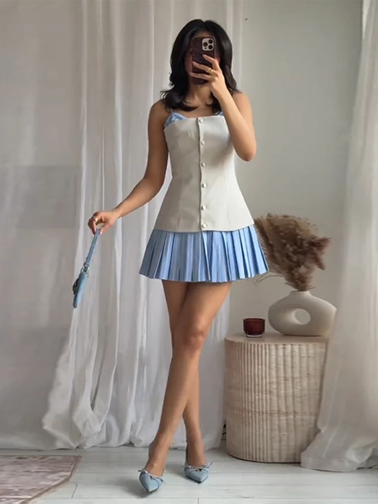 Patchwork Pleated Mini Dress Women Sexy Slim Sleeveless Contrast Female Short Dresses 2025 Summer Y2k Street Lady Sling Vestidos 5