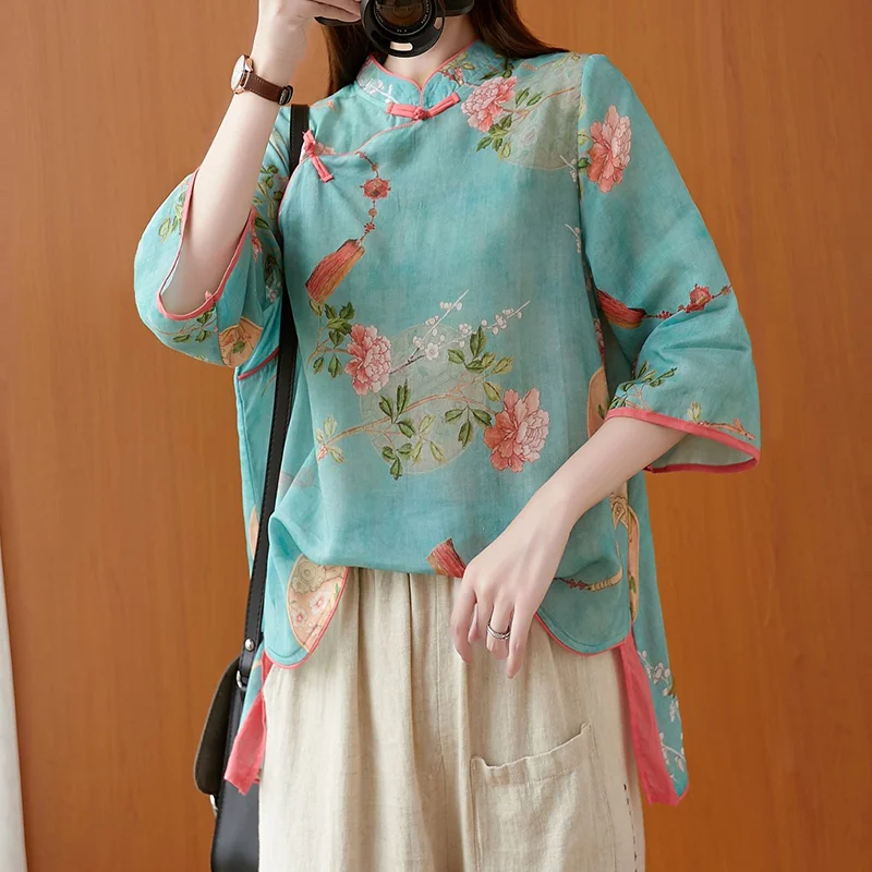 New Woman Traditional Chinese Clothing Top Retro Flower Print Hanfu Top Women Tops Elegant Oriental Tang Suit Chinese Blouse