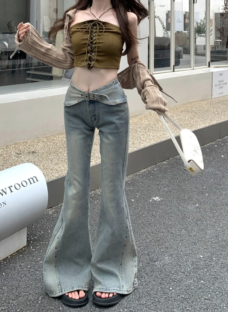 

Women's American Street Low Rise Sexy Flare Pants Fashion Cool Casual Trousers Female Vintage Style Wide-leg Blue Jeans