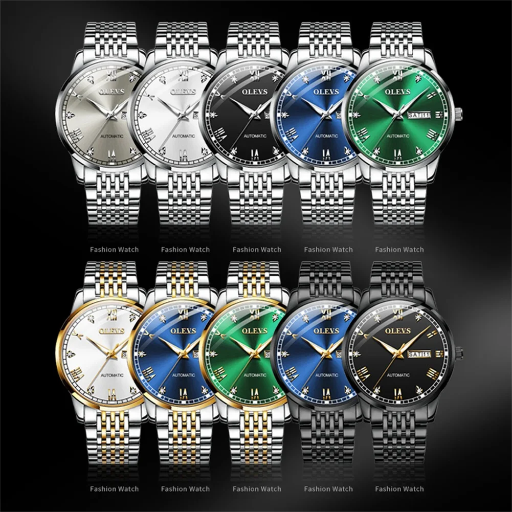 OLEVS 6602 Man Watch Roman Scale Stainless Steel Mechanical Watch For Men Dual Calendar Classic Waterproof Wristwatch