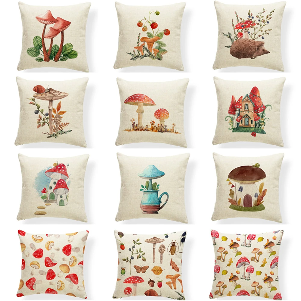 

Cartoon Mushroom Pillow Cover Jungle Leaves Decorative Linen Sofa Seat Throw Pillow Case Plant Animal Cushion Cover 45cm Cojines