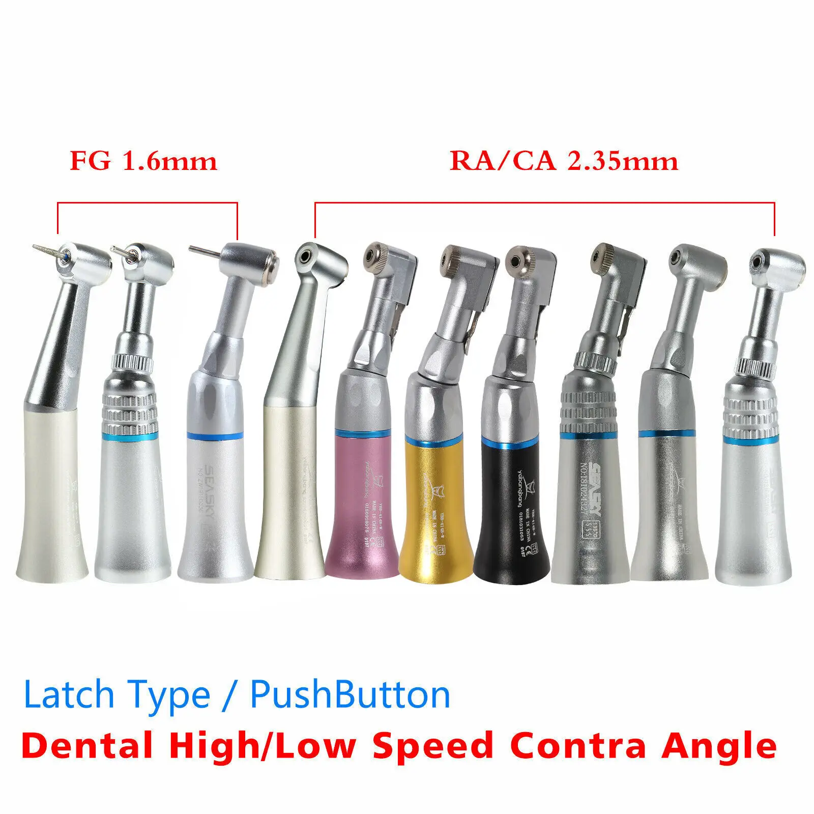 

Dental High Slow Low Speed Contra Angle Handpiece Push Button RA/CA 2.35mm / FG 1.6mm Burs Fit NSK Kavo