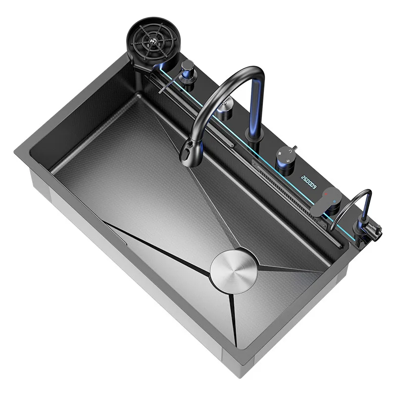 Premium 304 Stainless Steel Kitchen Sink Set, The Starry Sky Meteorite Textured LED Display Waterfall Whale Sink Kit
