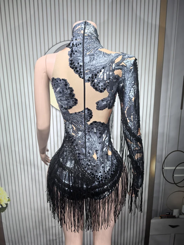 Sexy Skinny Leotard Singer Dancer Show StageWear Sparkly Blue Rhinestones Women DanceCostume Fringes One Shoulder Bodysuit  7G