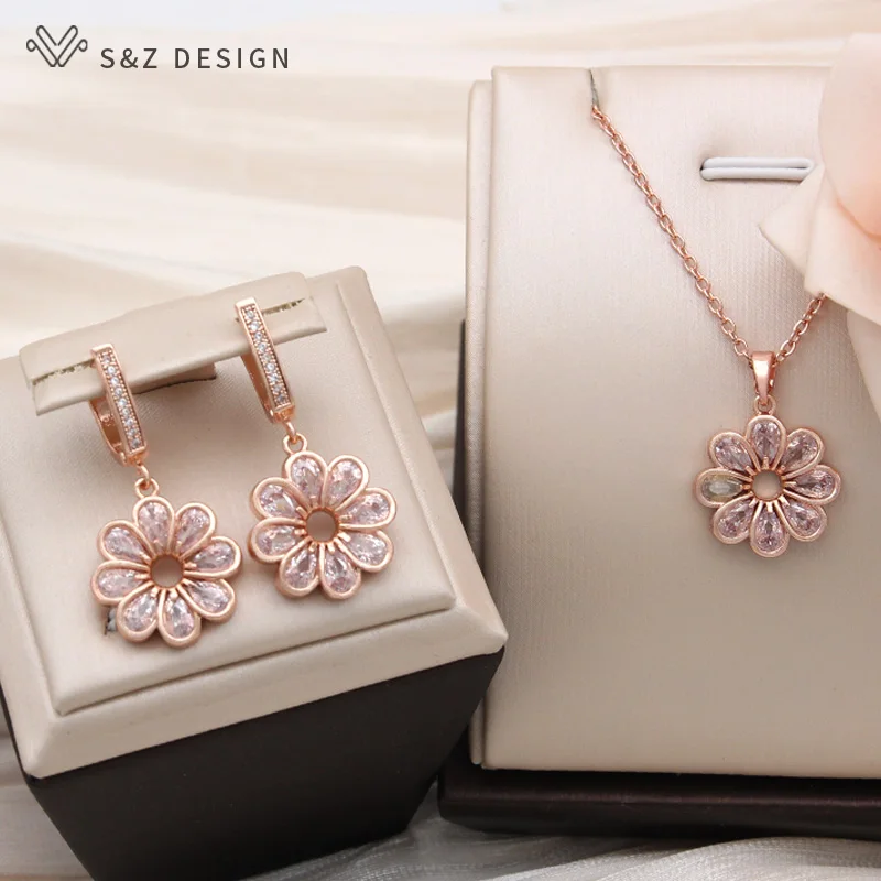 S&Z DESIGN New Fashion Elegant 585 Rose Gold Color Flowers Cubic Zirconia Pendant Necklace For Women Romantic Jewelry Gift