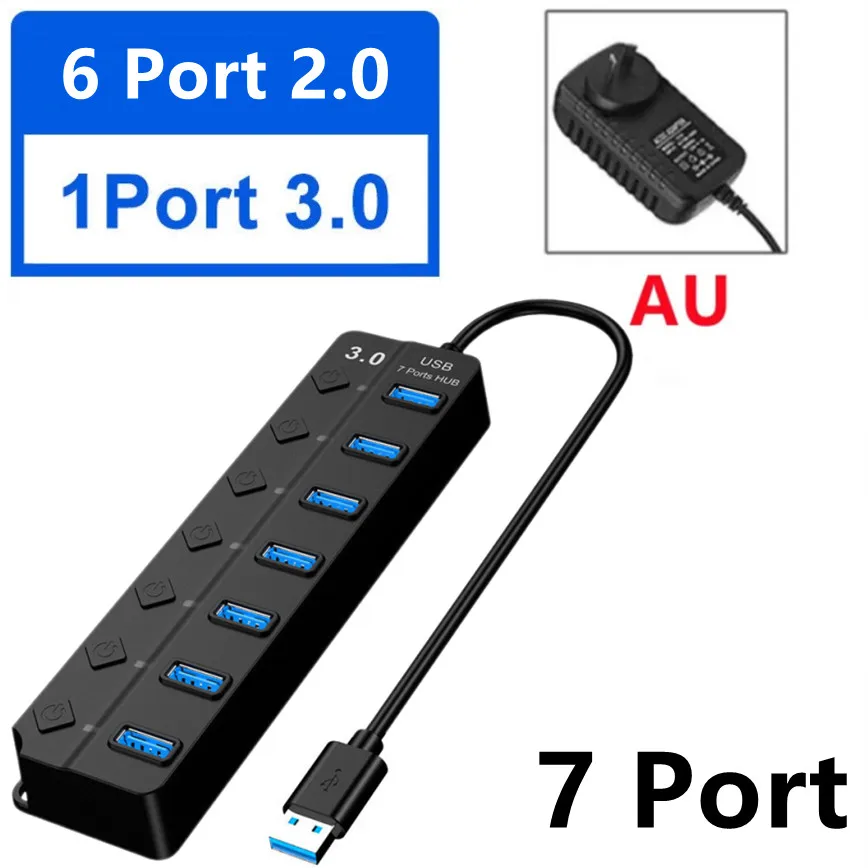 High-Speed 7-Port USB 3.0 Hub with Individual Power Switches and LED Indicators