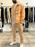 New men's fashionable casual workwear multi-pocket long-sleeved jacket and trousers in solid color set