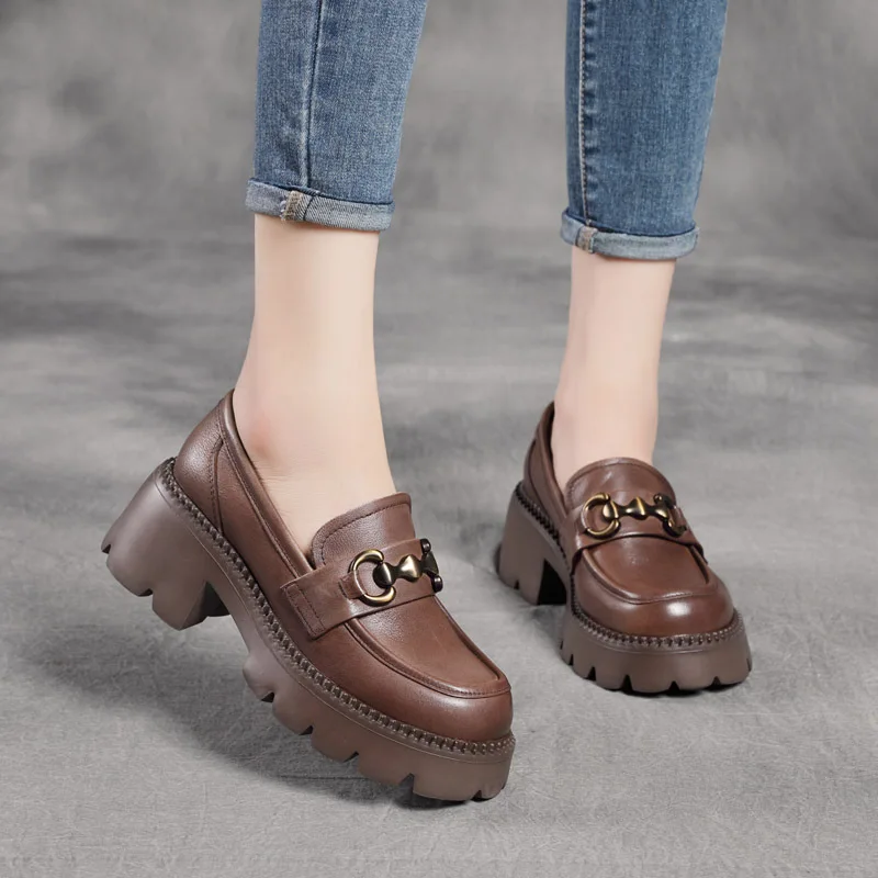 

2022 New First Layer Cowhide Metal Buckle Thick Bottom Chunky Heel Authentic Leather Loafers Loafers