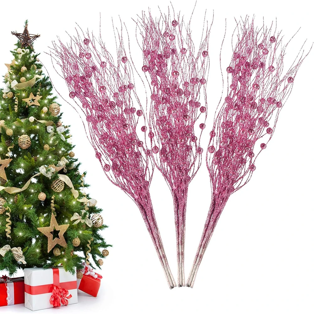 Christmas Tree Gold Powder Berry Branches Luxury Decoration Shiny Branches Pick Christmas Tree Small Vase Holiday Wedding Party