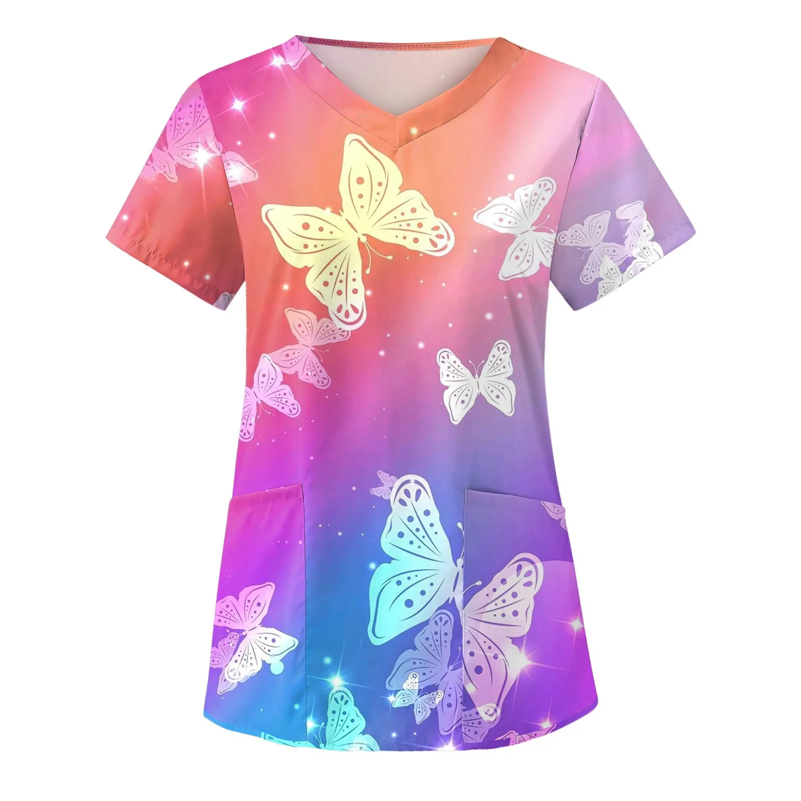 Nurse Uniform Women Short Sleeve Tops Working Uniform Blouse Butterfly Print Workwear Scrub Nursing Working Clothes