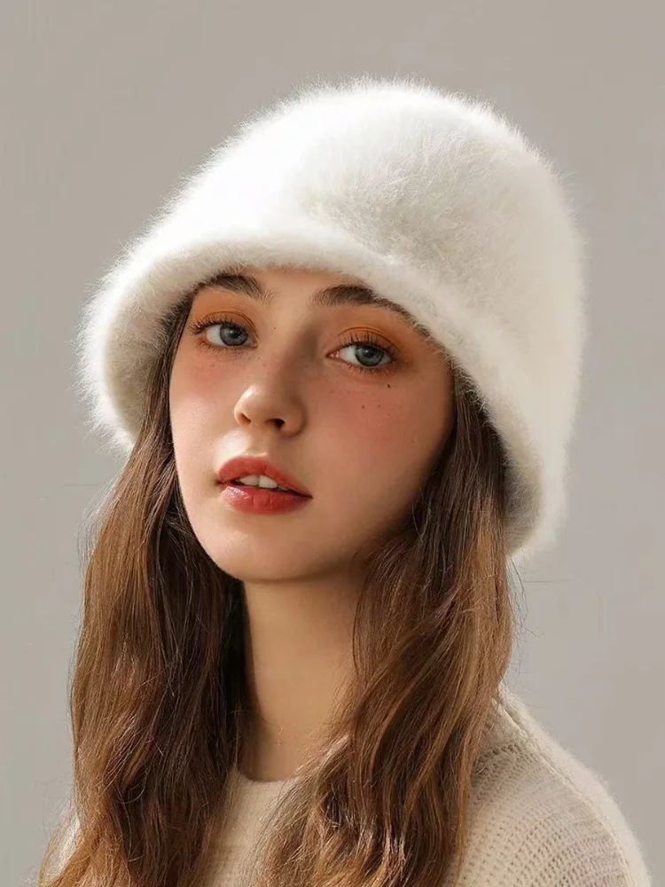 Women's Winter Plush Fur Bucket Hat Korean Solid Color Rabbit Hair Warm Fashion Versatile Outdoors Soft Dome women bucket hat women hat bucket hat