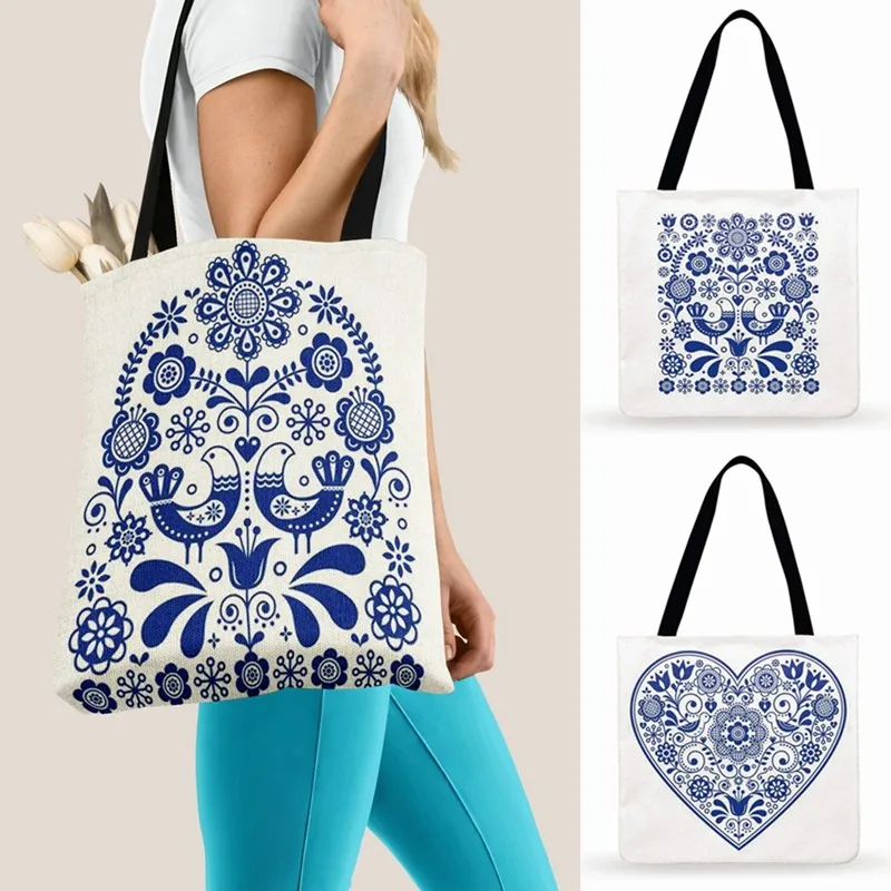 

Scandinavian Blue Folk Art Print Tote Bag For Women Casual Tote Ladies Shoulder Bag Foldable Shopping Bags Outdoor Beach Bag