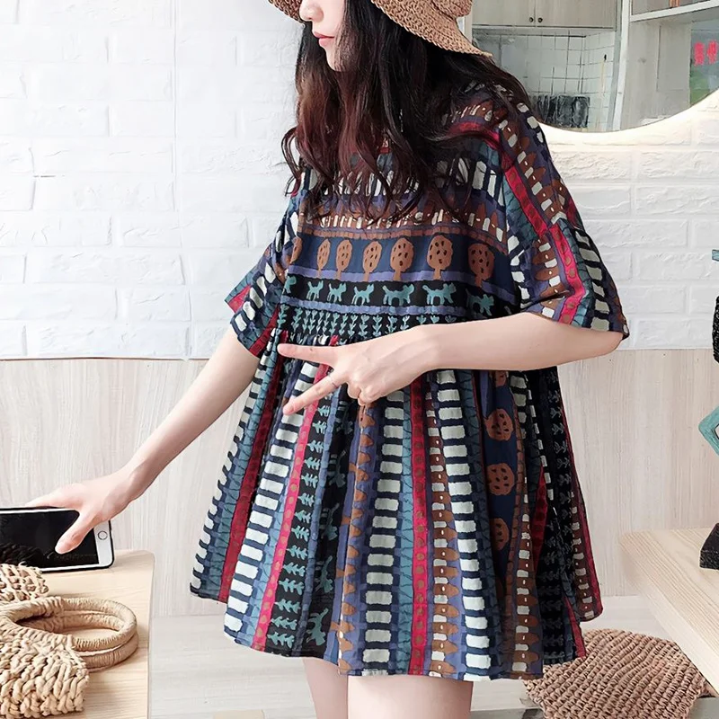 

Summer Folk New Chinese Style Prairie Chic Vintage T-shirt Women Contrasting Color Round Collar Half Sleeve Loose Casual Top