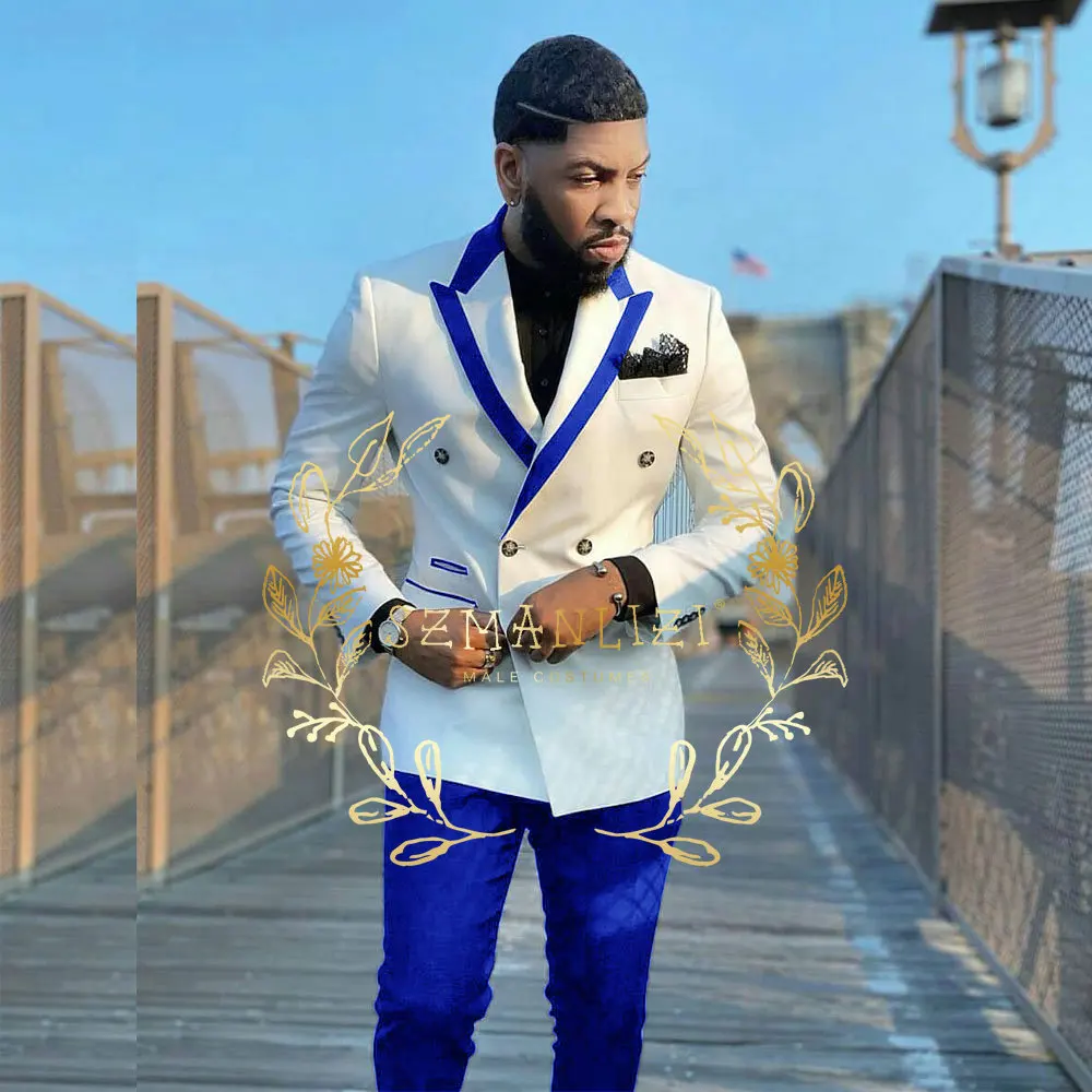 

Модные белые мужские костюмы, облегающий двубортный Блейзер и брюки, роскошные строгие Свадебные смокинги для мужчин из двух предметов