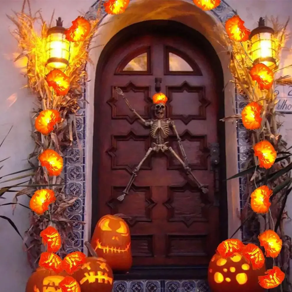 1,5 m lange orangefarbene Ringelblumengirlande mit LEDs für den Tag der Toten, Halloween, Diwali, Urlaub, Party, Heimdekoration, Weihnachtszubehör – Detail 2