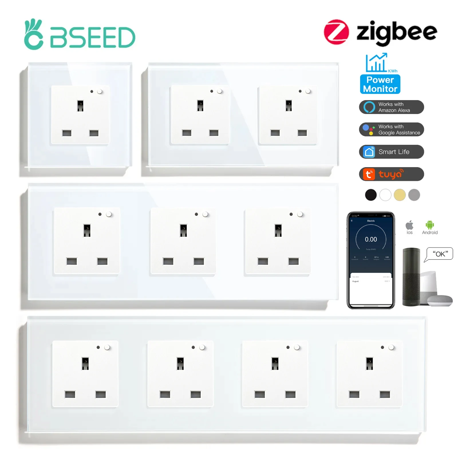 BSEED Zigbee UK สมาร์ทซ็อกเก็ตคู่ซ็อกเก็ตผนังอัจฉริยะ Triple ไฟฟ้า Outlets Tuya Smart Life Alexa ควบคุม 13A 1