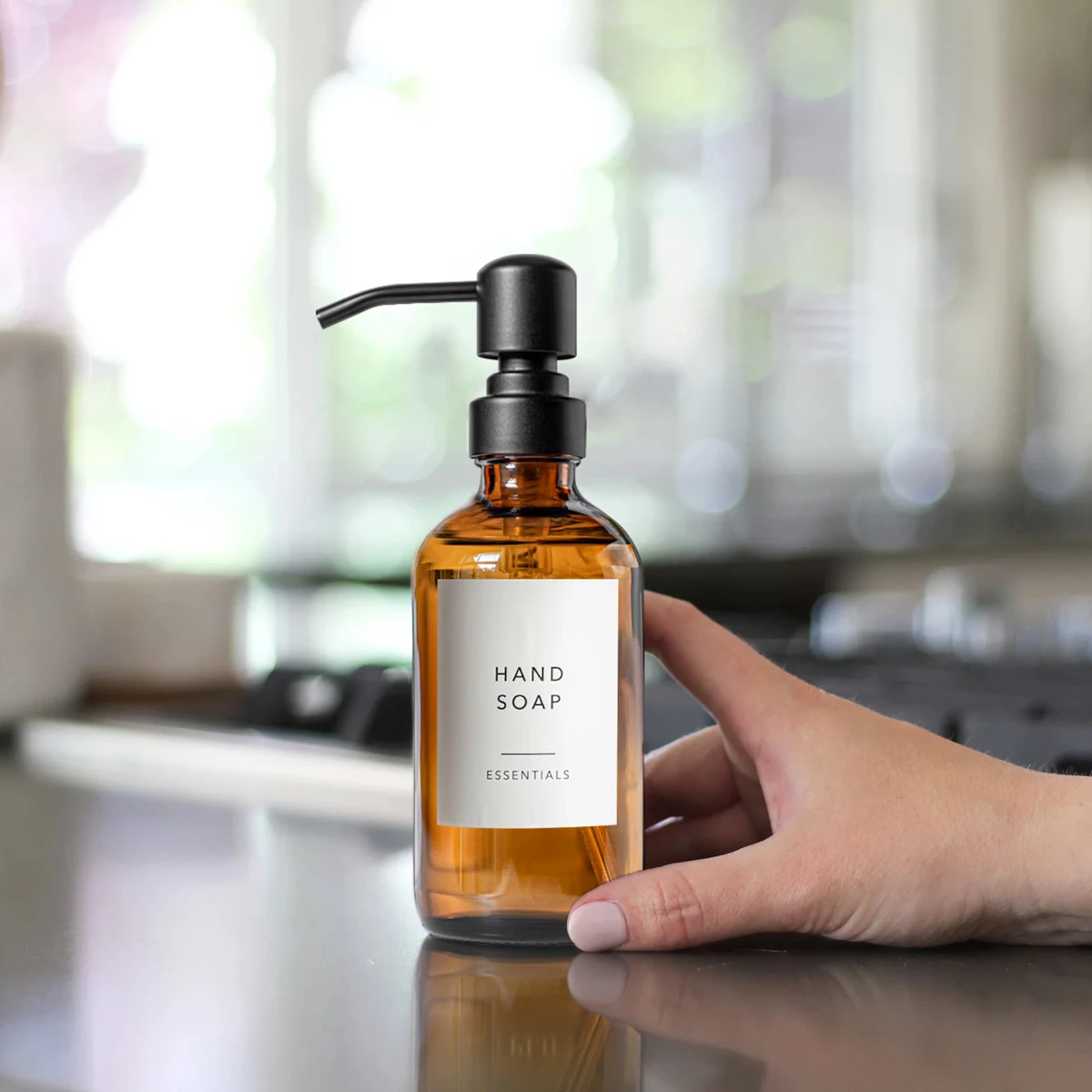 Pump Bottle Dispenser for Liquid Soap, Bathroom Hand Soap Dispenser, Amber Glass Soap and Lotion Dispenser Set, 2pcs 8Oz 250ml 2