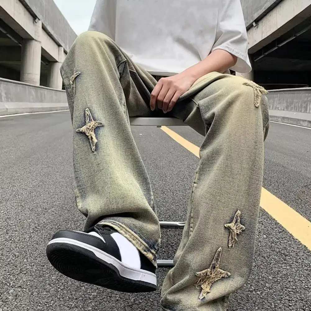 

Denim Straight Leg Men Jeans Men's Gradient Color Splicing Denim Pants With Distressed Pattern Slight Flared Trousers For Men