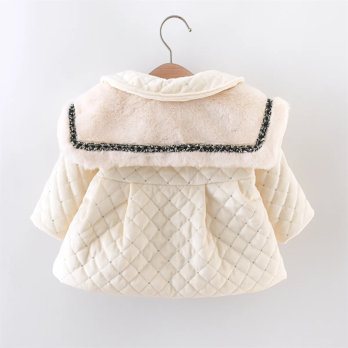 Winter Baby Girl Large Neck Thick Sequin Quilted Single Breasted Solid Color Cotton Filled Warm Windbreaker