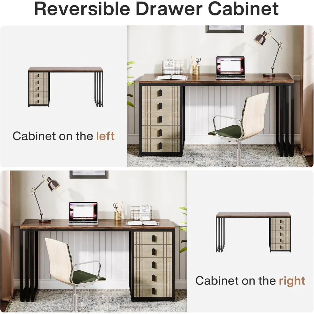Computer Desk with 5 Drawers, 55-Inch Home Office Desk with Reversible File Drawer Cabinet, Modern Wooden Work Writin 3