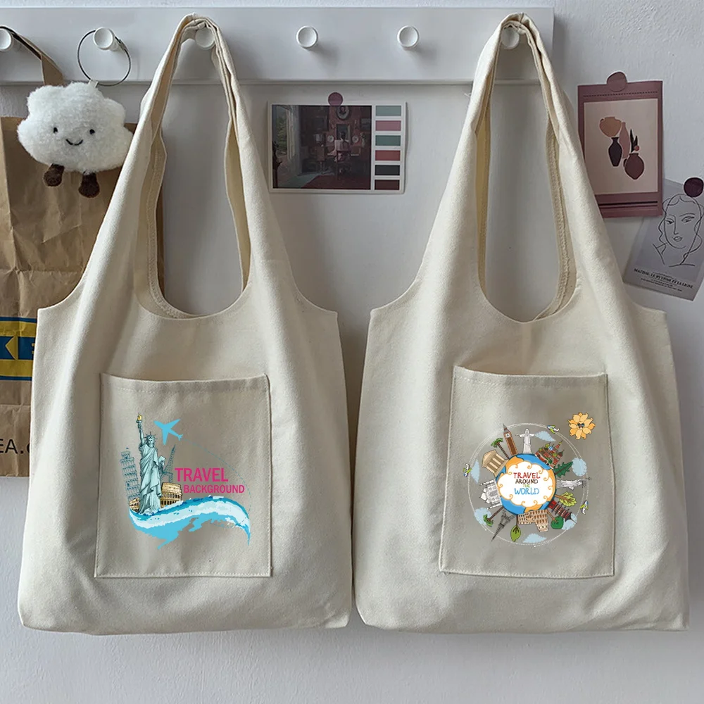 

Shoulder Bag Canvas Vest Bag Harajuku Travel Print Shopper Bag Fashion Casual Summer Foldable Eco-Friendly Pocket Tote Handbag